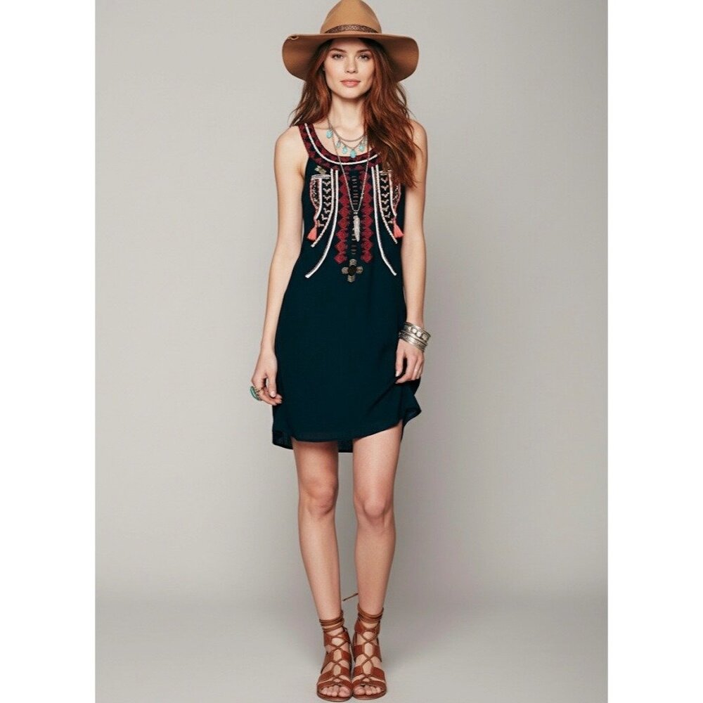 VINTAGE Free People Black Boho Embroidered Dress • Tassel Cutout Back Y2K Hippie